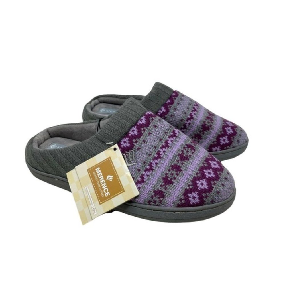 Merence Gray & Purple Fair Isle Knit Memory Foam Slippers NEW US women’s 9